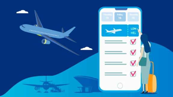 Airline e-Commerce software - ancillary upsell plane and mobile device image